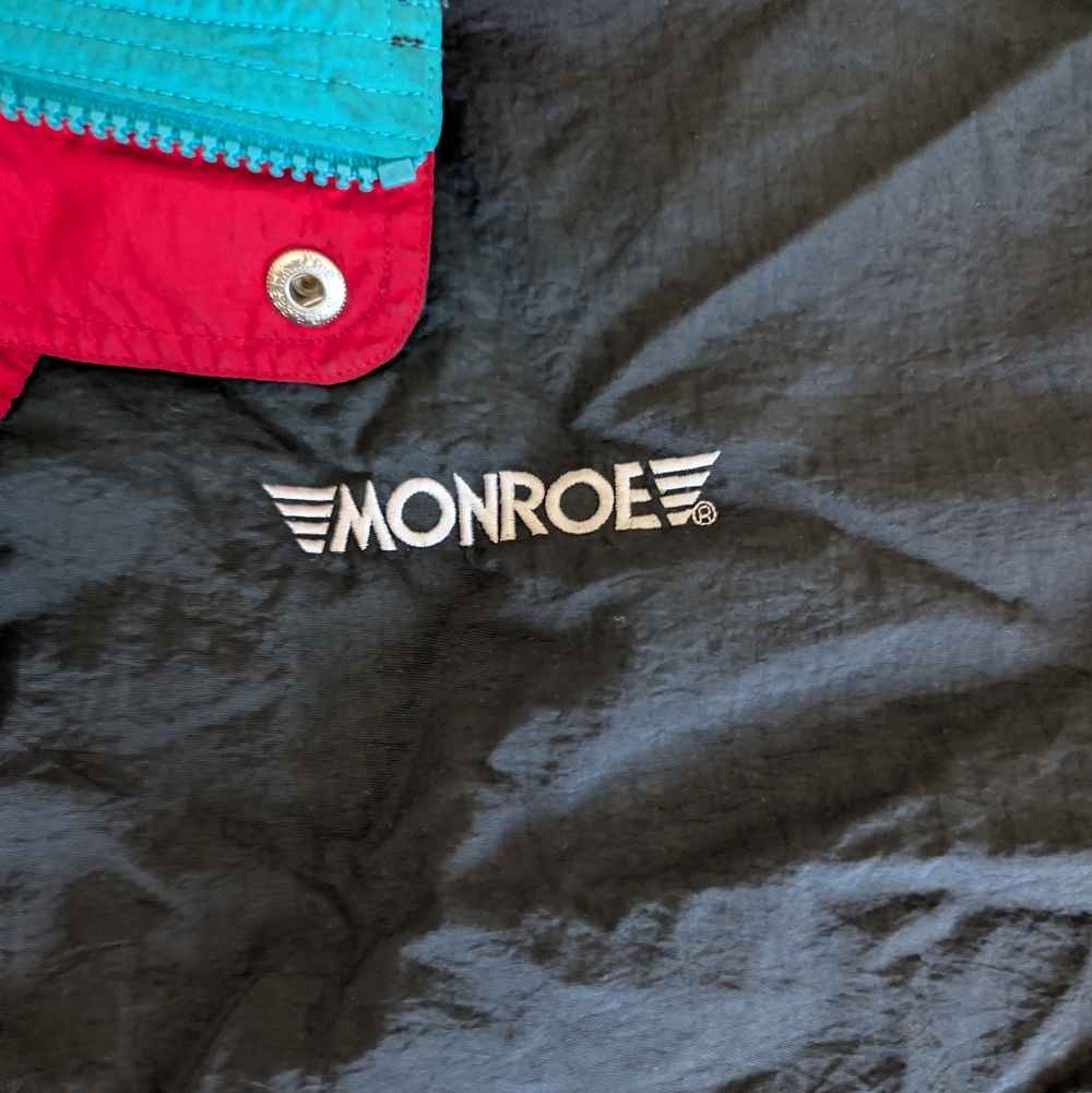 90s Monroe Maxi Muffler Racing Hooded Colorblock Windbreaker Jacket Black Teal L image 7